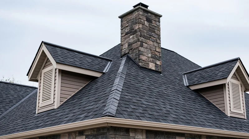 Residential roof with dark grey asphalt shingles and stone chimney featuring dormers and beige trim