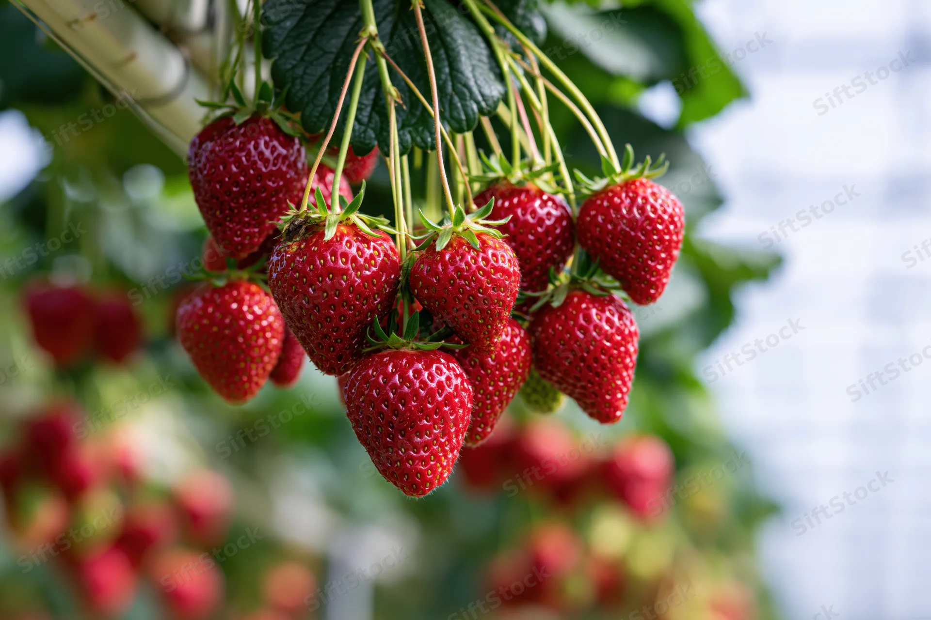 Ripe red strawberries hanging from elevated growing channels in a greenhouse
