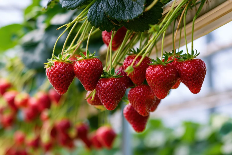 Ripe red strawberries hanging from elevated growing channels in a greenhouse