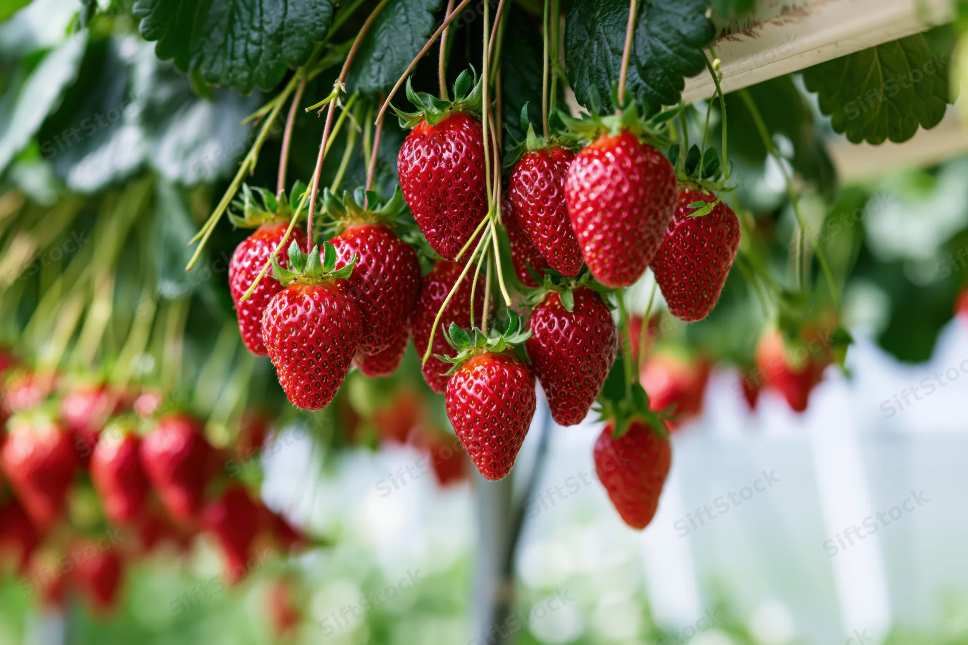 Ripe red strawberries hanging from elevated growing channels in a greenhouse
