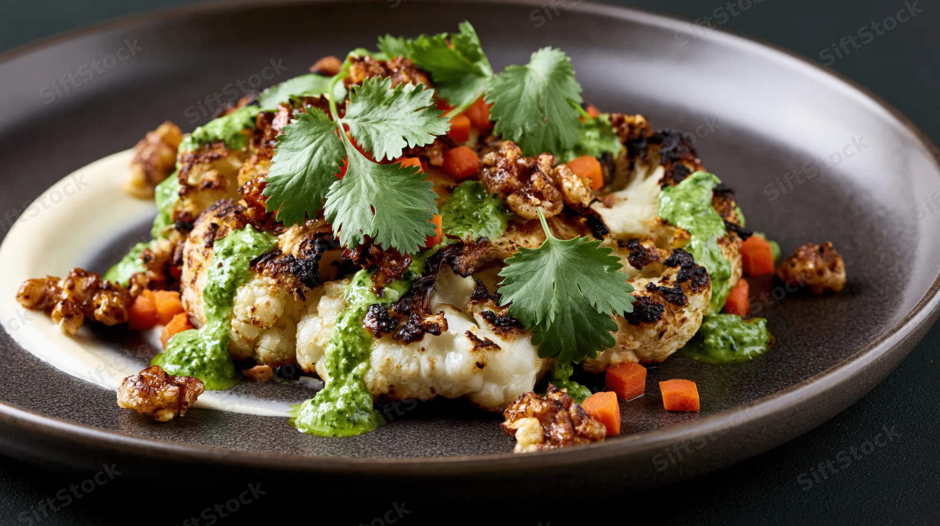 Roasted cauliflower steak with green sauce and herbs on a dark ceramic plate