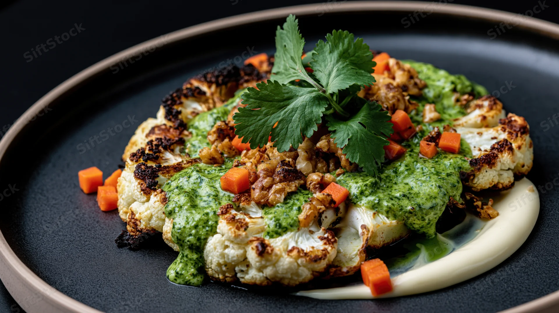 Roasted cauliflower steak with green sauce and carrot garnish on dark ceramic plate