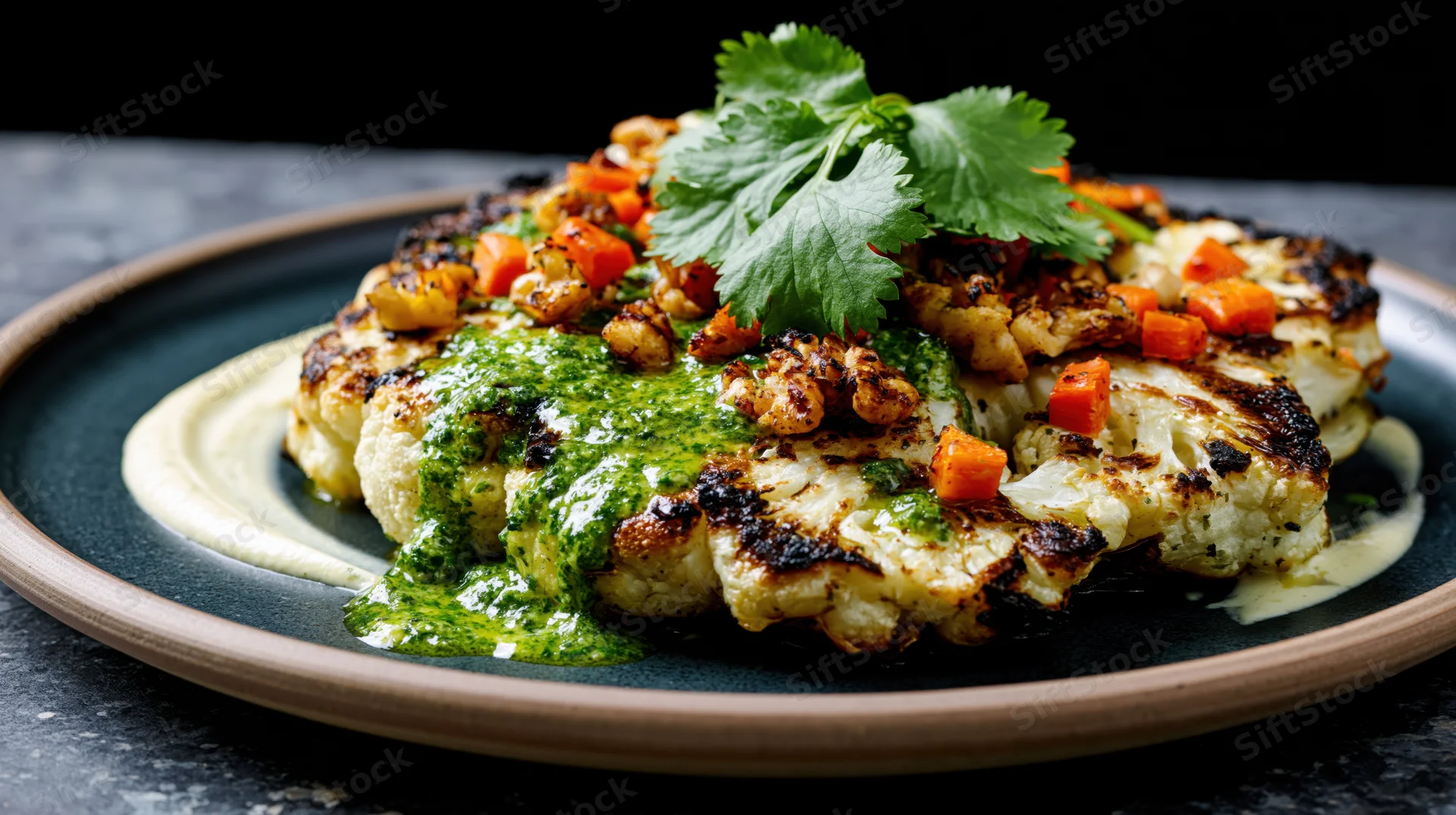 Roasted cauliflower steak with pesto and garnish on dark ceramic plate