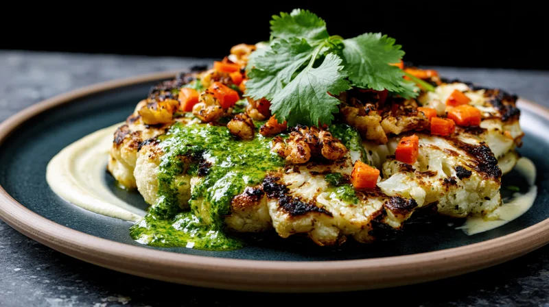 Roasted cauliflower steak with pesto and garnish on dark ceramic plate
