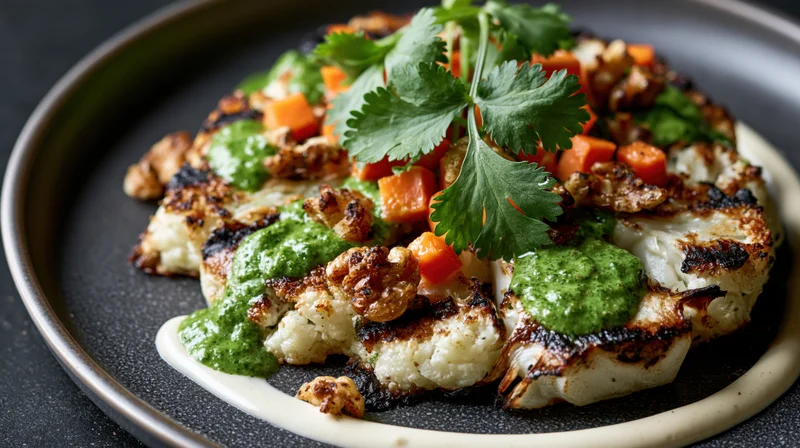 Roasted cauliflower steak with green sauce and garnish on dark ceramic plate