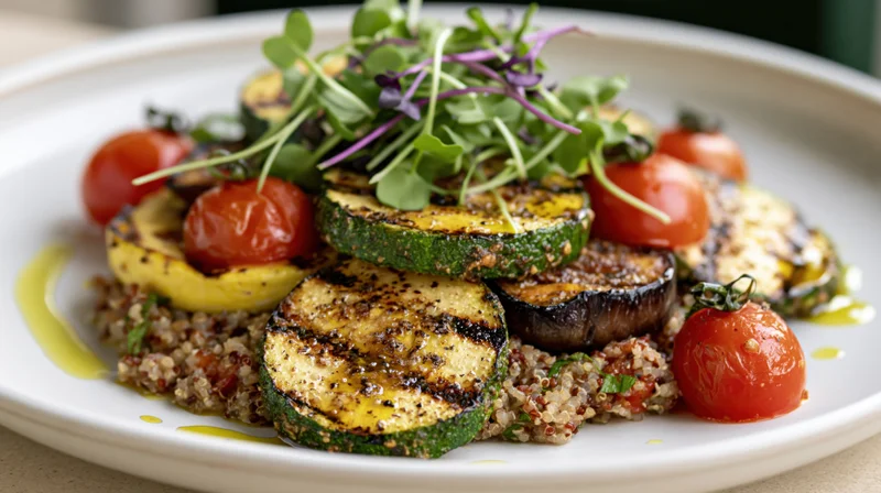Grilled zucchini and roasted vegetables served over quinoa on a white plate with microgreens and olive oil drizzle