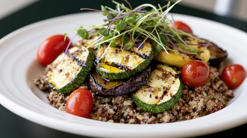 Grilled vegetables and quinoa salad served on a white ceramic plate with microgreens and cherry tomatoes