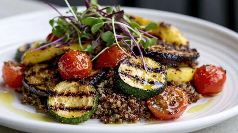 Grilled vegetables and quinoa salad served on a white plate with microgreens and olive oil drizzle