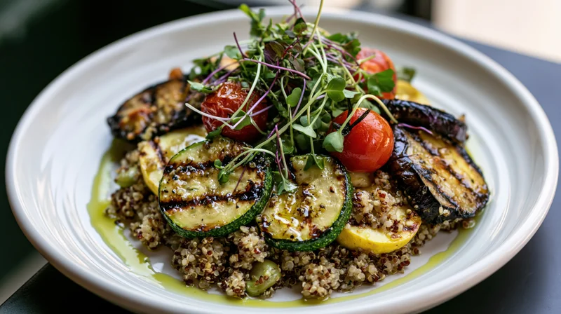Grilled vegetable and quinoa salad served on a white ceramic plate