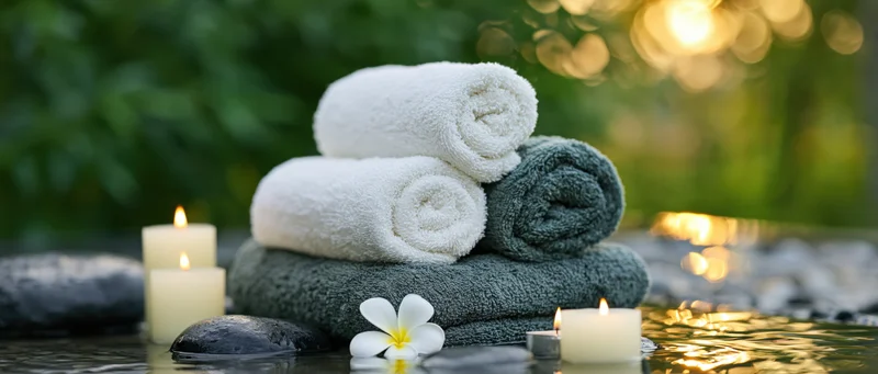 Stacked white and grey spa towels on wet poolside with candles, stones, and flower in water