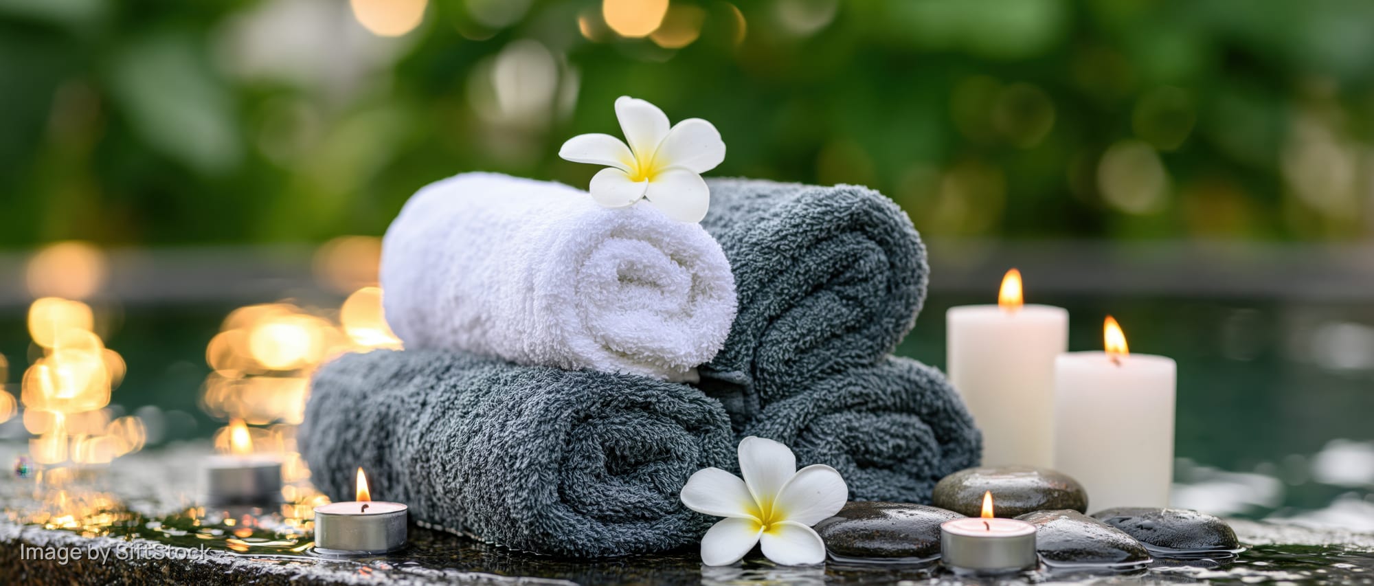Rolled white and grey spa towels stacked on wet poolside with candles, stones, and frangipani flowers
