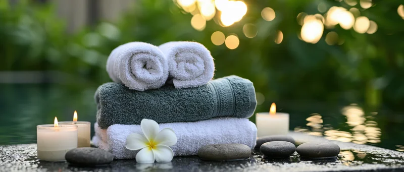Stacked spa towels with candles and stones beside a pool at evening