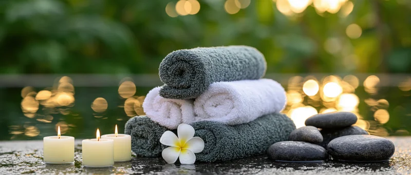 Rolled white and grey spa towels stacked on wet poolside with lit candles, smooth stones, and a frangipani flower beside shimmering water
