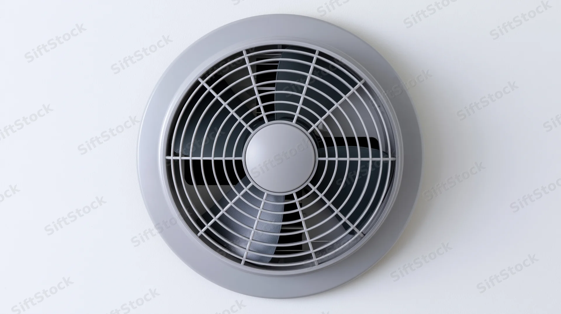 Round exhaust fan with plastic grille mounted on white ceiling