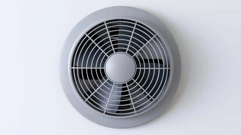 Round exhaust fan with plastic grille mounted on white ceiling