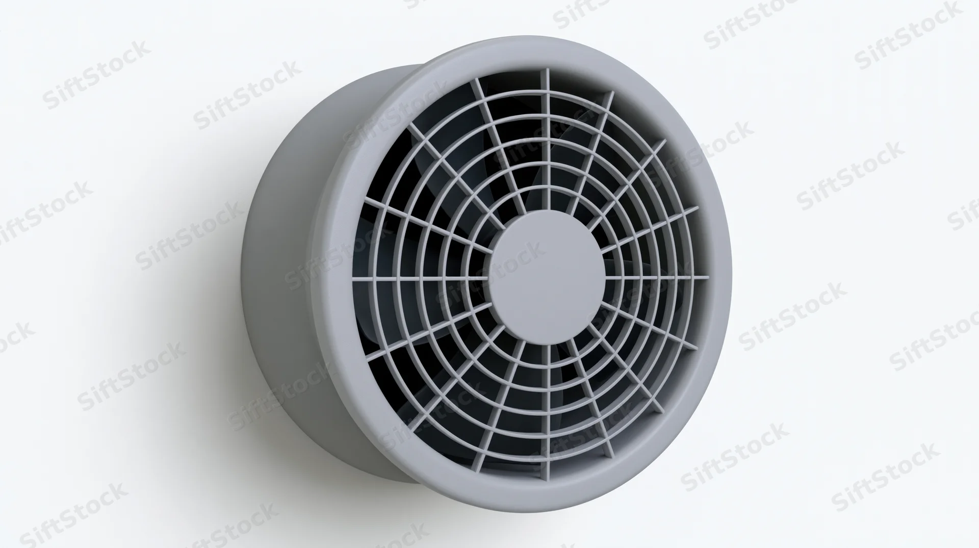 Round gray exhaust fan with plastic grille mounted on white wall