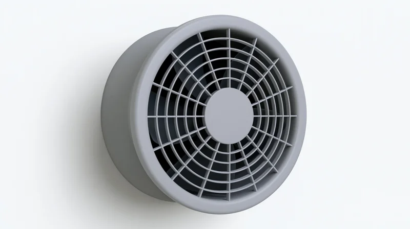 Round gray exhaust fan with plastic grille mounted on white wall