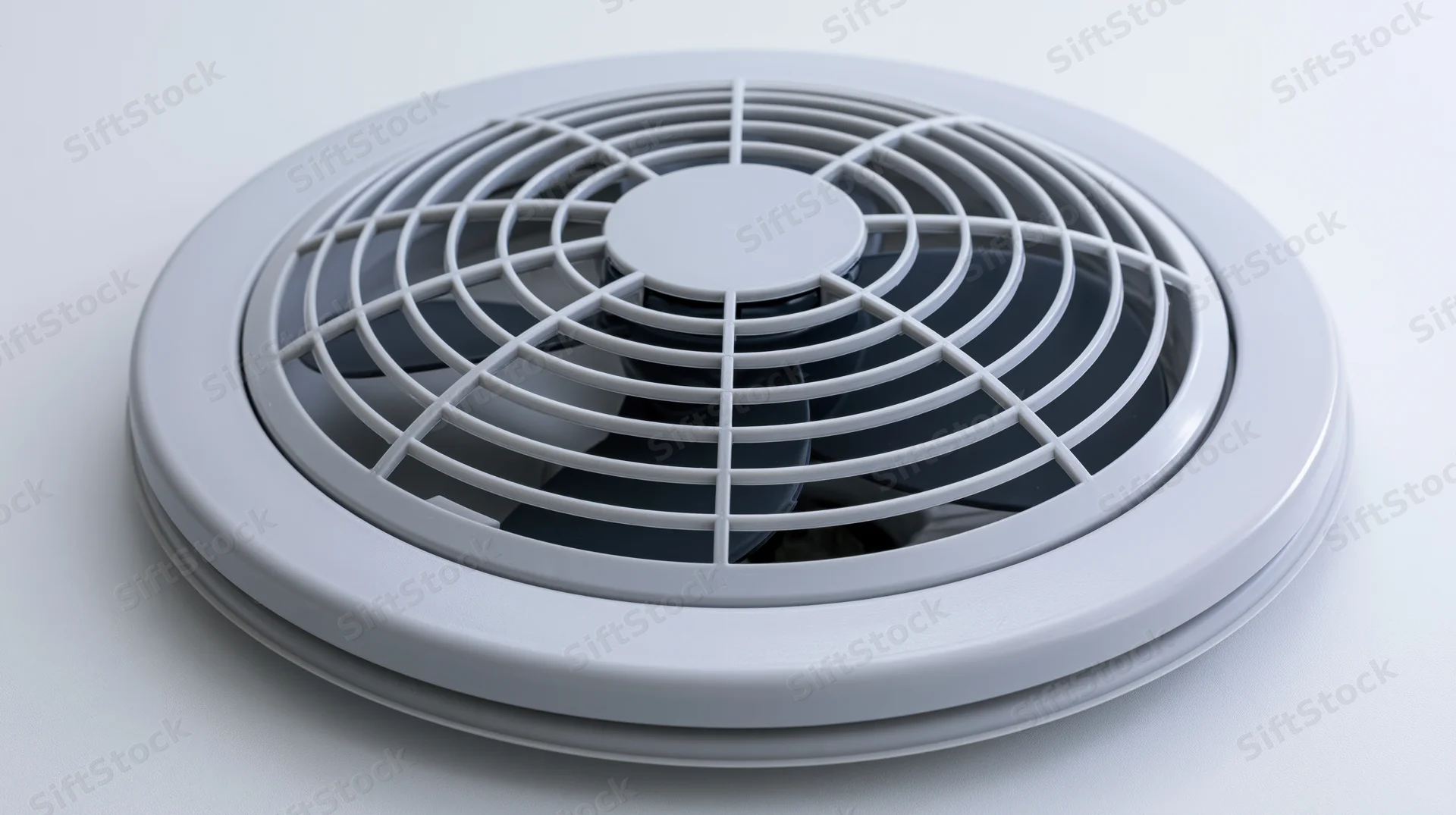 Round bathroom exhaust fan with plastic grille guard on white background