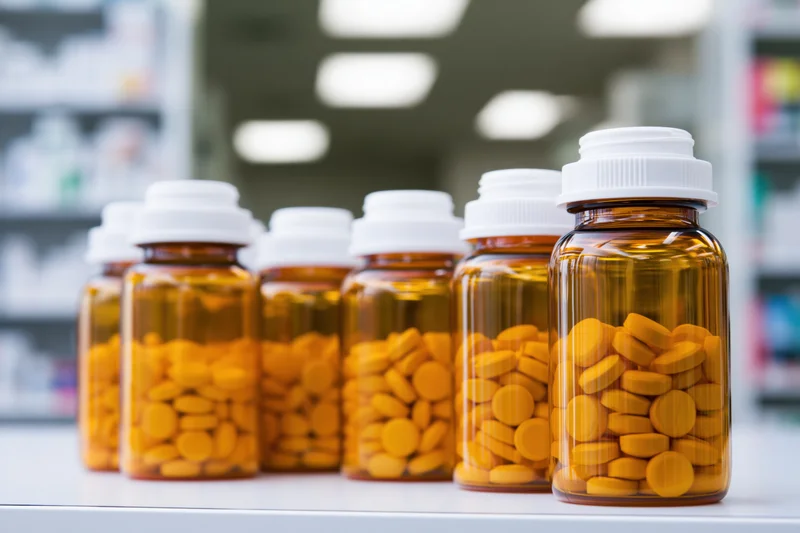 Row of amber pill bottles filled with orange tablets on pharmacy counter