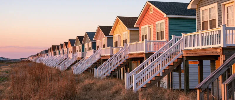 Row of colorful two-story beach cottages with white stairs and porches along a dune at sunset