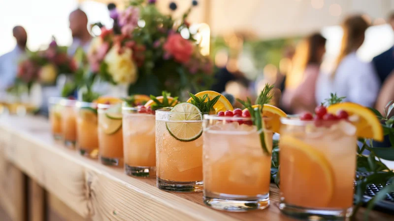 Row of garnished iced cocktails with citrus slices and fresh mint on a wooden table at an outdoor event