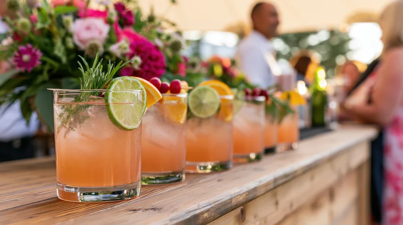 Row of garnished iced cocktails with citrus slices and fresh herbs on a wooden bar counter at an outdoor event