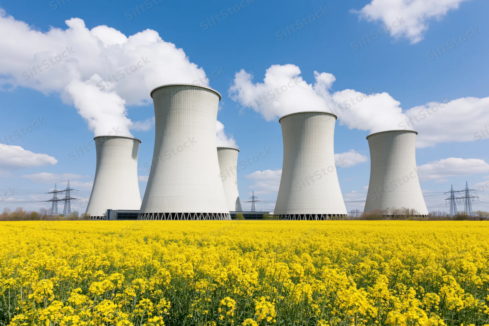 Large concrete cooling towers emitting steam at a nuclear power plant behind a field of yellow canola flowers under a blue sky with white clouds