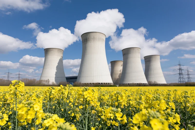 Cooling towers at a nuclear power plant releasing steam against a blue sky with clouds, viewed from a field of yellow canola flowers in the foreground