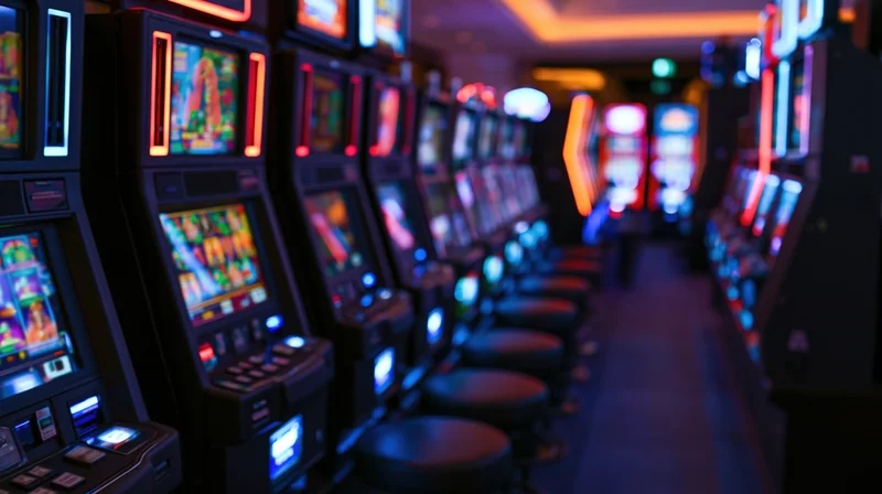 Row of slot machines lined up on an empty casino floor viewed from a low angle