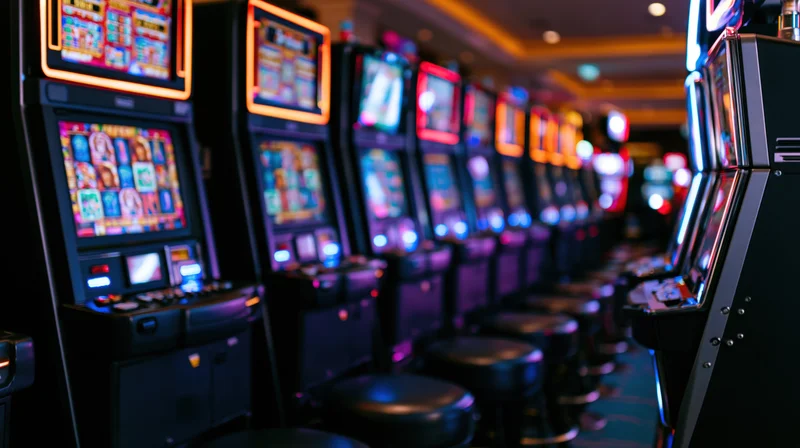 Row of slot machines lined up in a dimly lit casino interior with glowing screens and stools in front