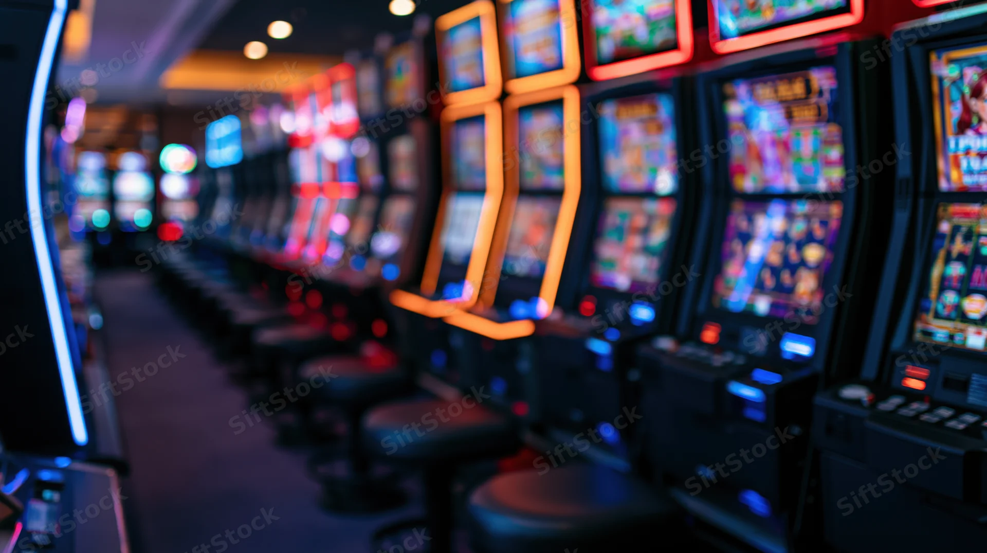 Row of slot machines lined up on empty casino floor viewed from low angle