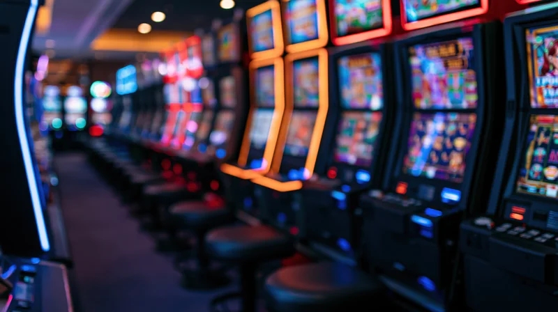 Row of slot machines lined up on empty casino floor viewed from low angle