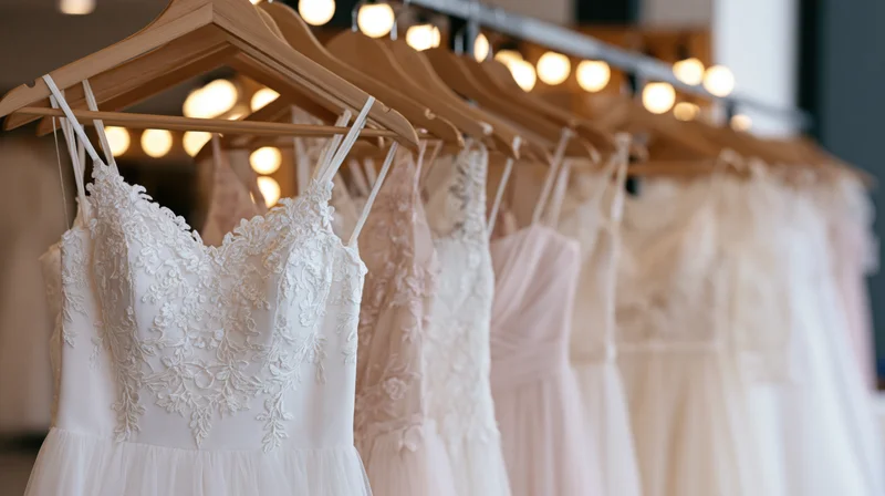 Row of wedding dresses hanging on wooden hangers in a bridal boutique