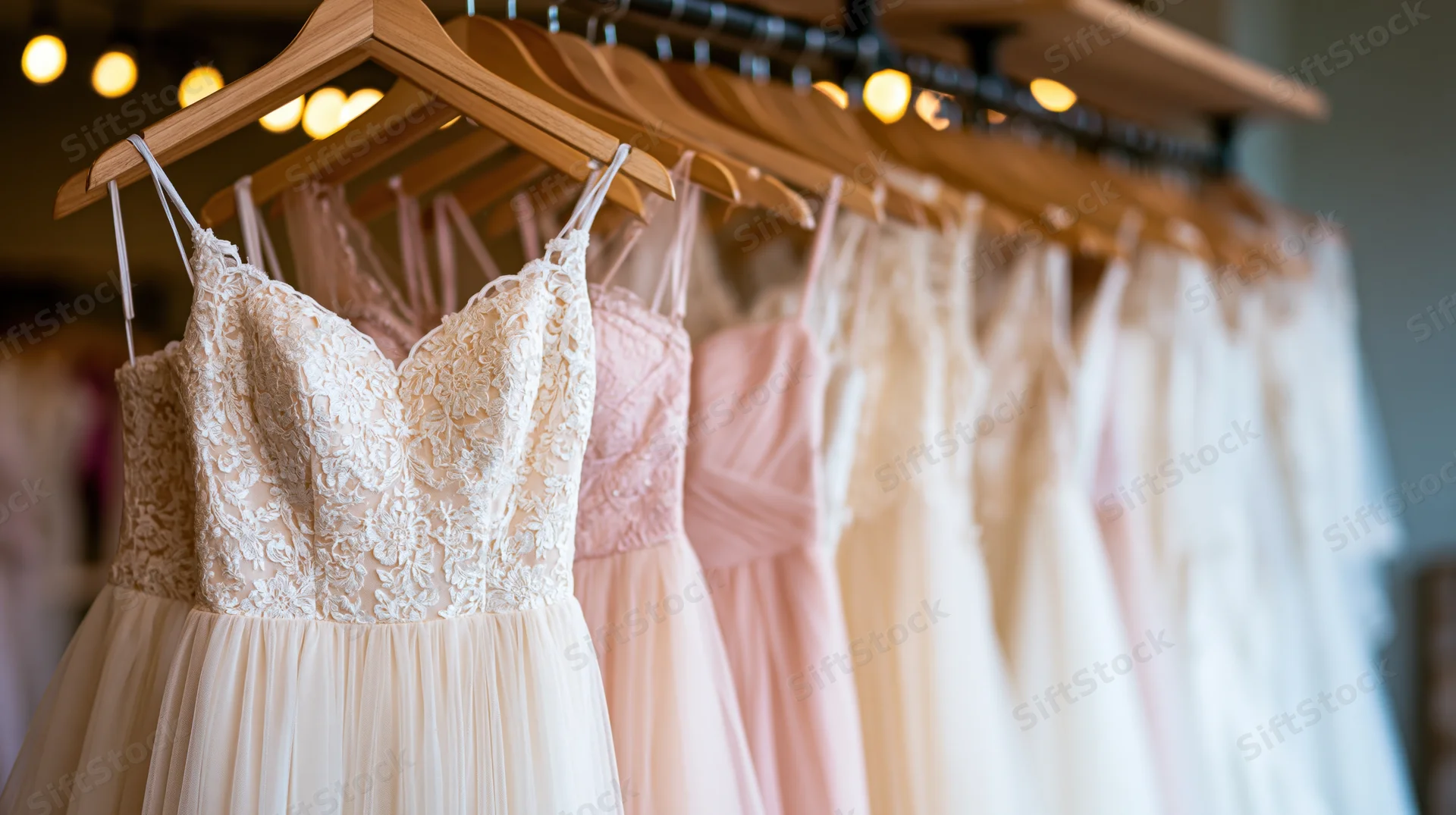 Row of wedding dresses hanging on wooden hangers in a bridal boutique