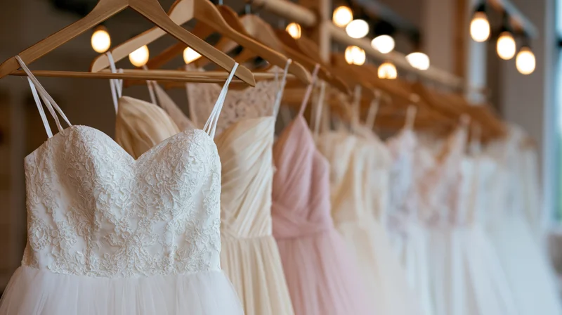 Row of wedding dresses hanging on wooden hangers in a boutique with warm string lights above