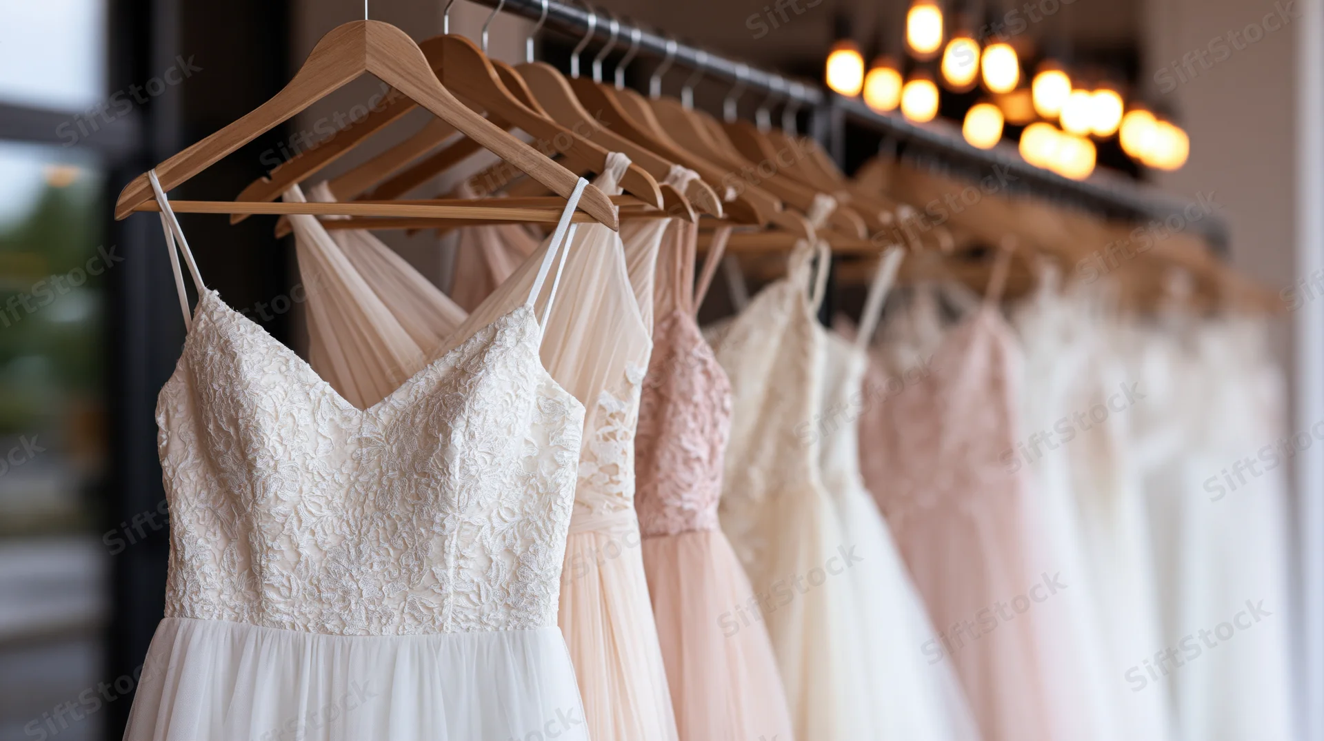 Row of wedding dresses hanging on wooden hangers in a bridal boutique