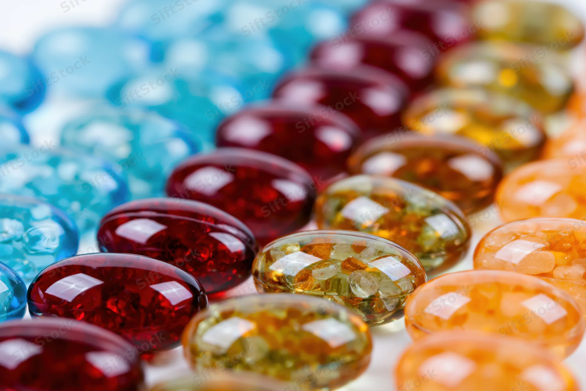 Rows of colorful gel capsules arranged in neat lines on a white surface