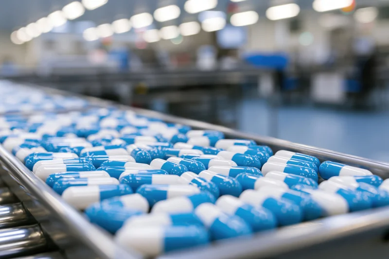Blue and white capsule pills moving along a metal conveyor in a pharmaceutical factory