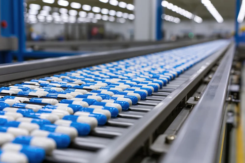 Blue and white capsule pills moving along a conveyor belt in a pharmaceutical factory