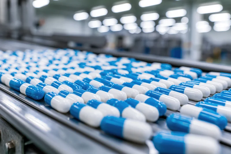 Blue and white capsule pills moving along a metal conveyor belt in a pharmaceutical factory
