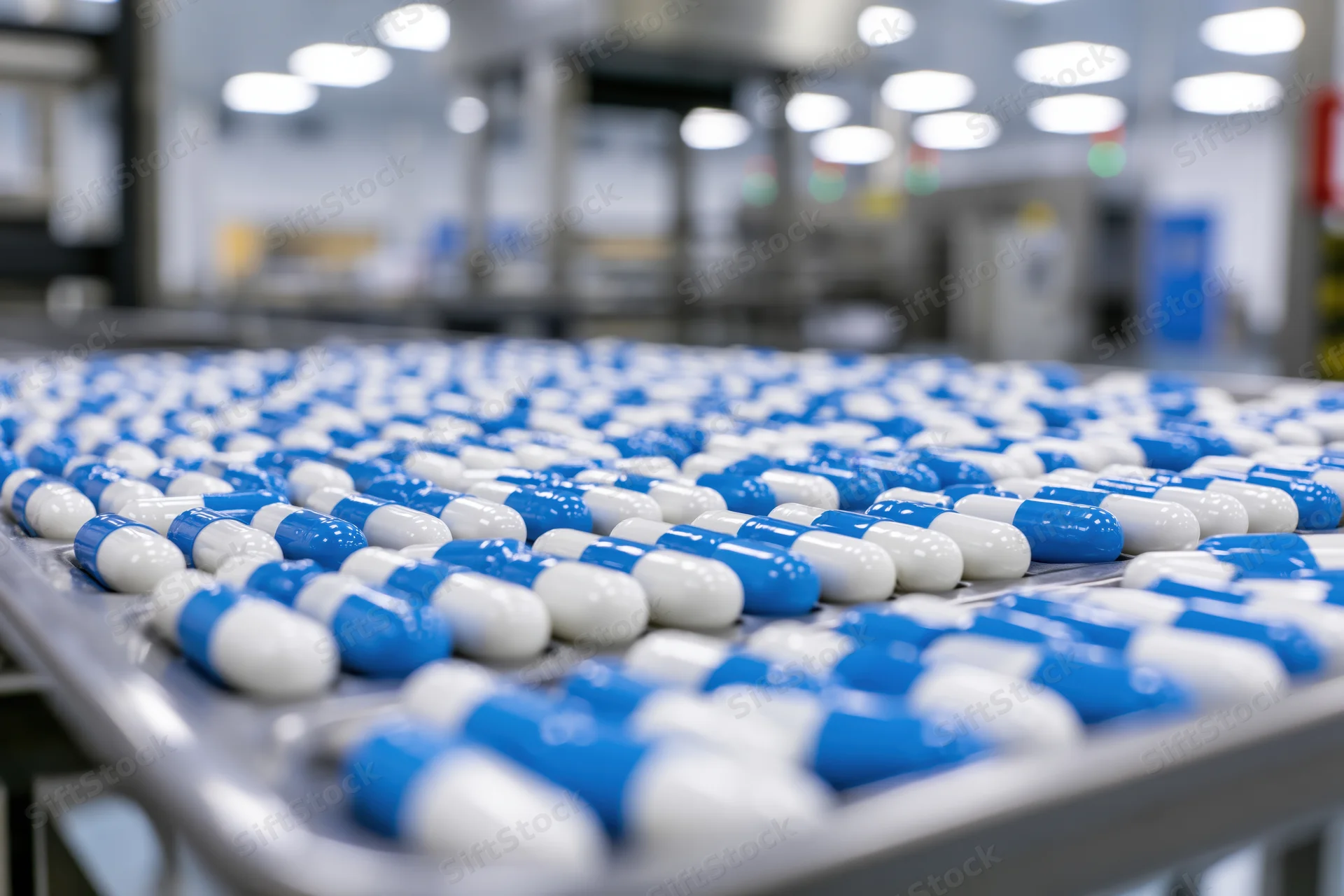 Blue and white capsule pills arranged in rows on a metal tray in a pharmaceutical manufacturing facility
