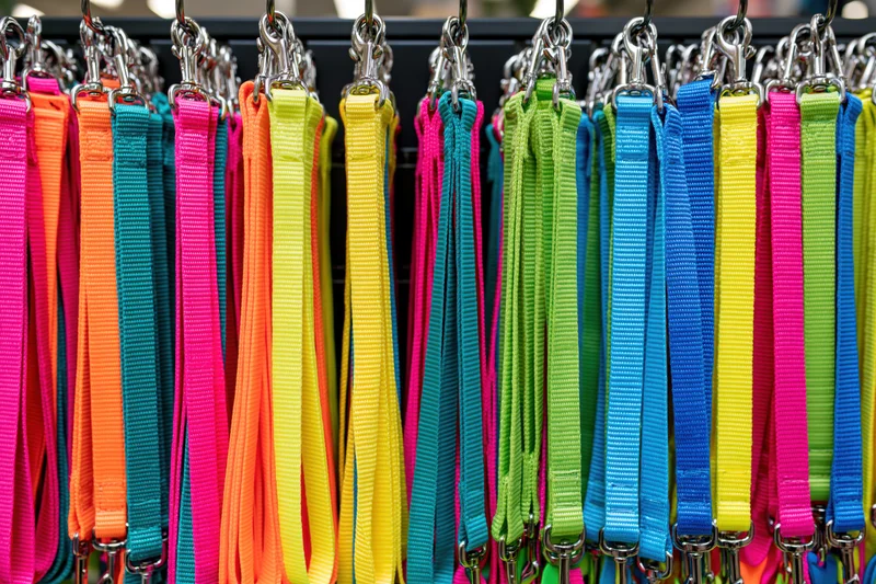 Colorful dog leashes and collars hanging on a black rack in a pet store display