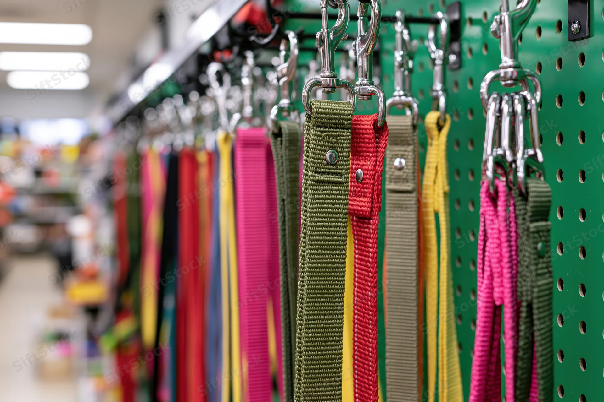 Dog leashes hanging on a green pegboard in a pet store aisle