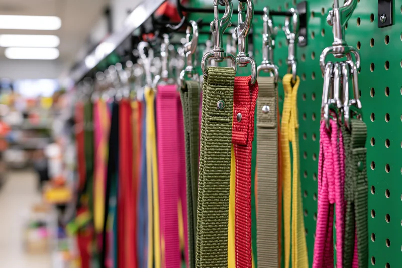 Dog leashes hanging on a green pegboard in a pet store aisle