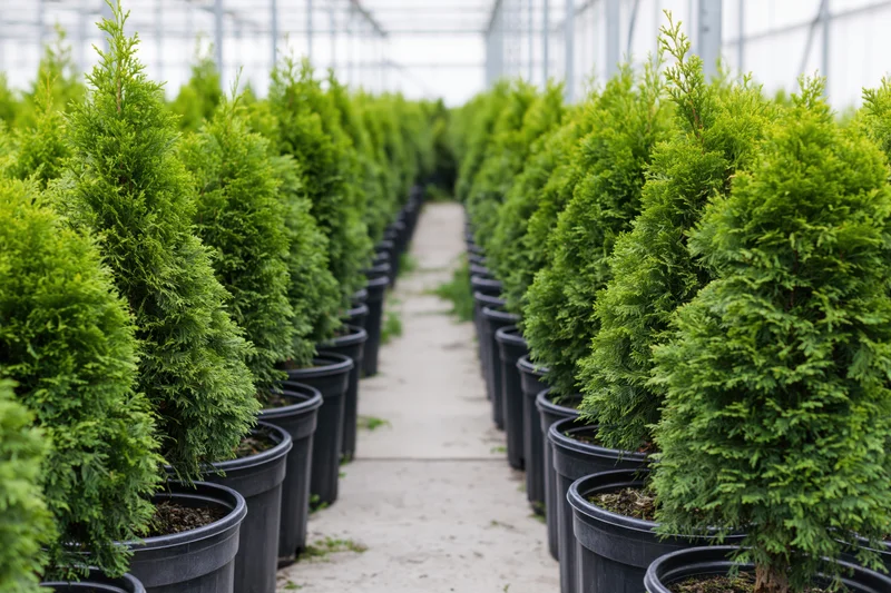 Rows of young thuja cypress trees in black plastic pots inside a greenhouse nursery