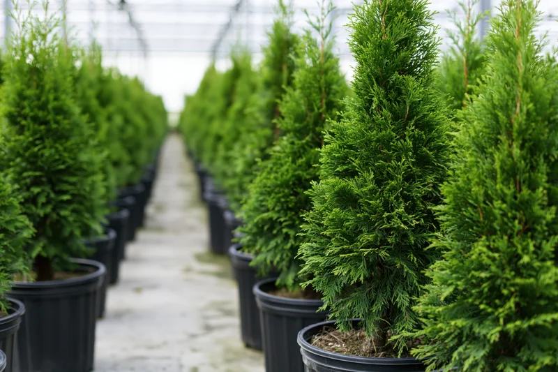 Rows of young thuja cypress trees in black plastic pots arranged in a greenhouse pathway