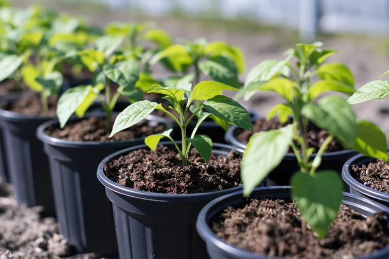 Young vegetable seedlings growing in black plastic pots arranged in rows outdoors