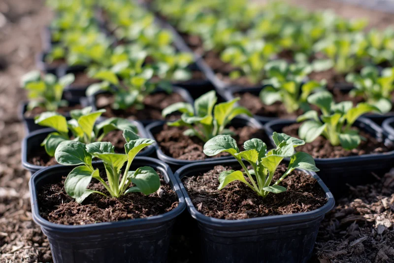 Rows of young vegetable seedlings growing in black plastic trays outdoors in sunlight