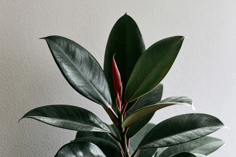 Closeup of a rubber plant with glossy dark green leaves and a red bud against a textured wall