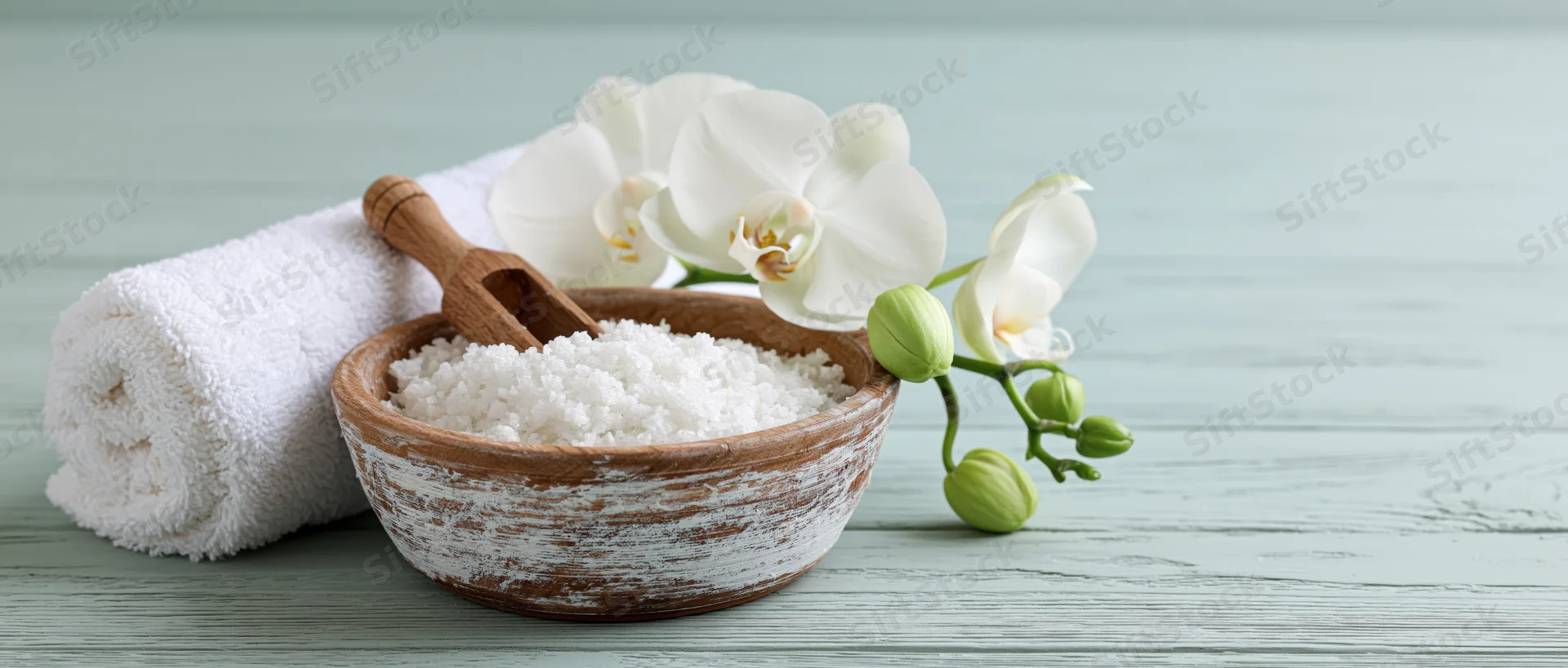 White orchid and bath salts in a rustic wooden bowl beside a towel on a painted wood surface